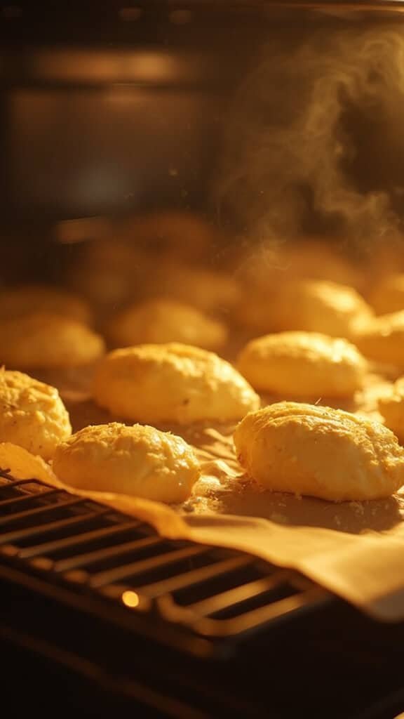 Golden treats baking on an oven rack with parchment paper, illuminated by a warm amber glow with steam rising.