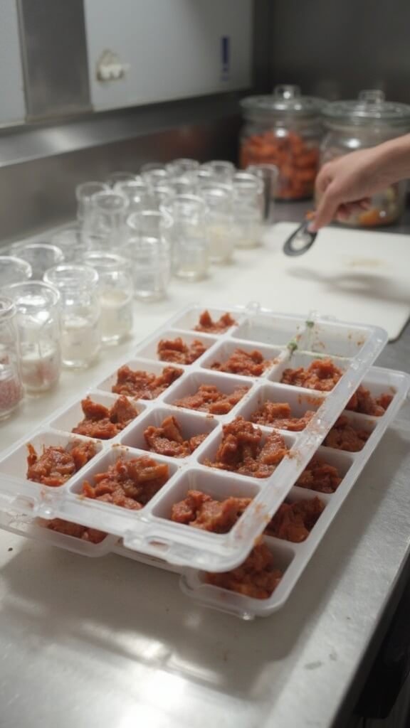 Stew being portioned into ice cube trays and glass containers in a modern kitchen under clean, clinical lighting