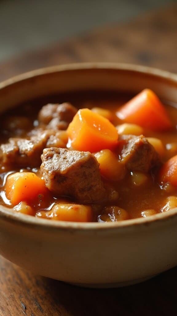 Close-up image of a cat-sized portion of perfectly cooked stew, showing tender meat and soft carrots in a ceramic pet bowl under soft lighting