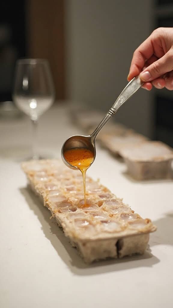 Ladle pouring amber broth into ice cube trays on a clean white kitchen counter, with light reflecting off droplets