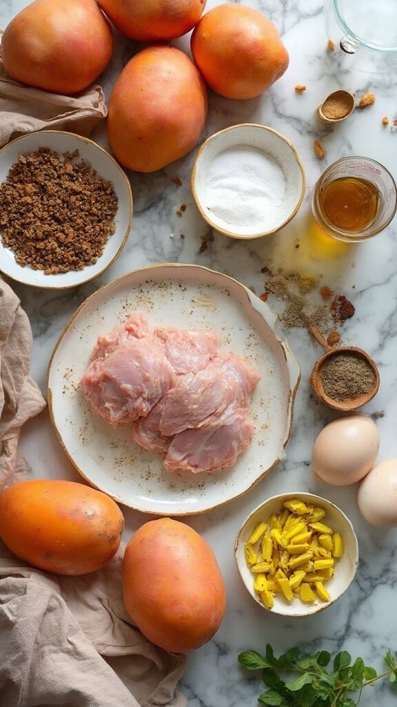 Overhead shot of fresh ground turkey, sweet potato, farm egg, and supplements prepared on a marble countertop under natural lighting.