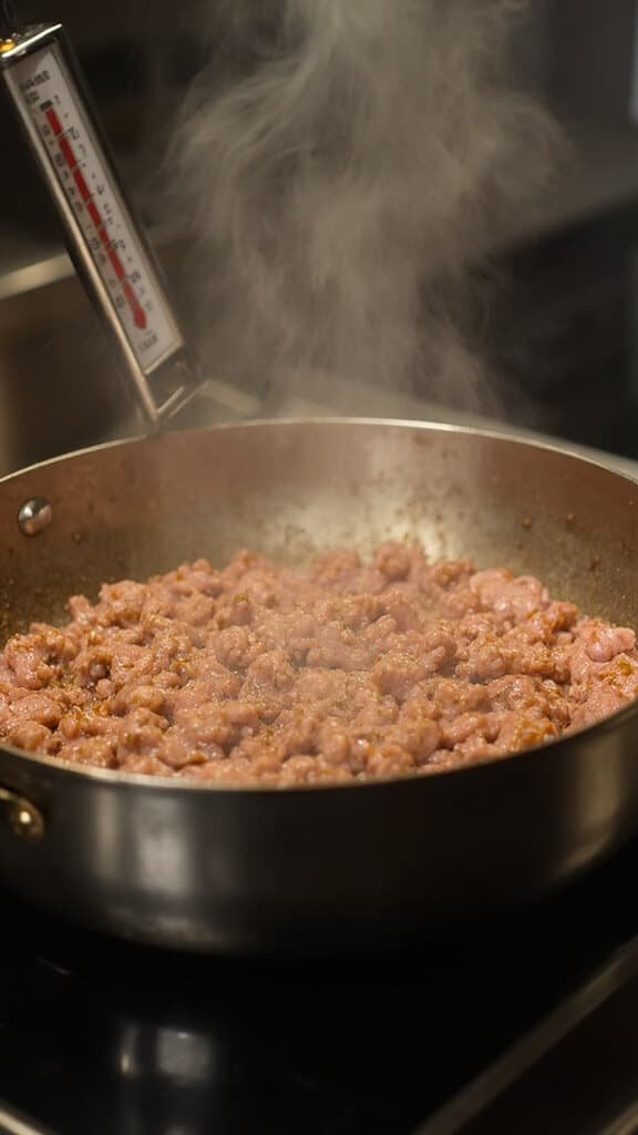 Sizzling ground turkey in a stainless steel skillet with steam rising in a warmly lit kitchen, a thermometer reading 165F
