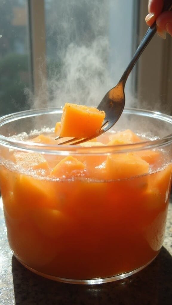 Vibrant orange sweet potato cubes boiling in a clear glass pot, with a fork testing tenderness and steam condensation on the window.