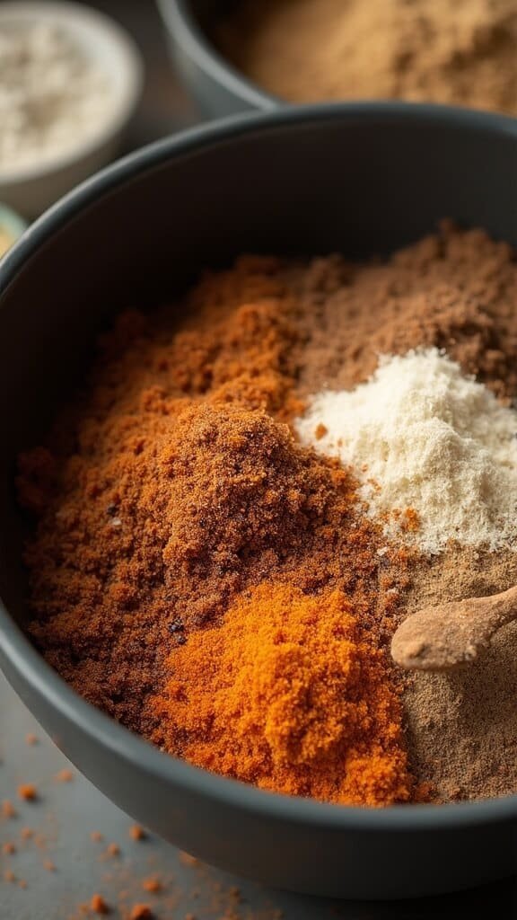 Ingredients in rich browns and oranges being combined in a matte finish mixing bowl with supplements being measured precisely