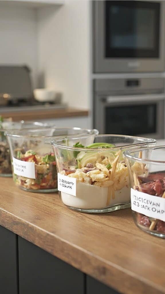 Individual glass containers being filled with portioned meals in a sleek, modern kitchen, labels showing dates for meal planning