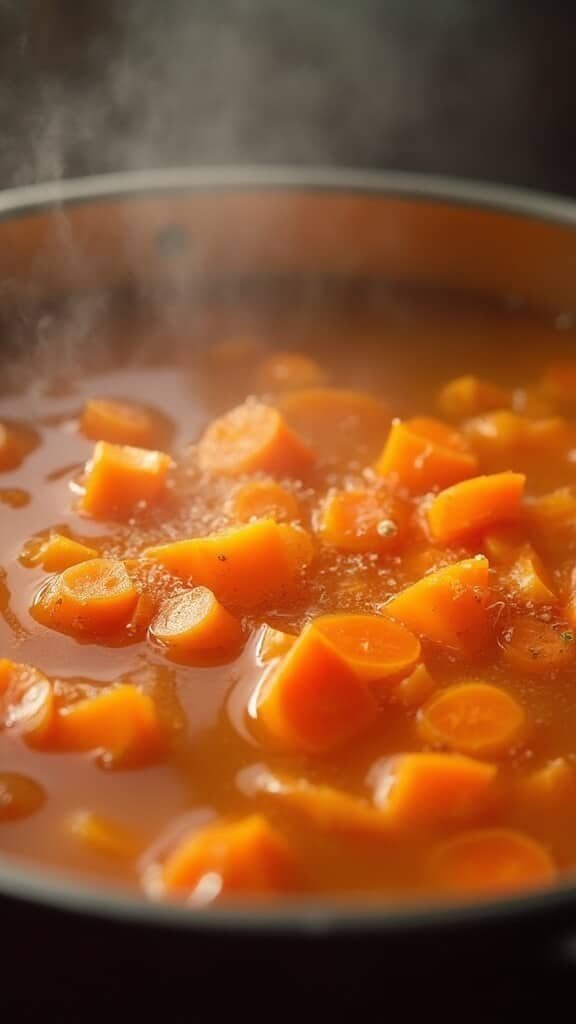 Finely diced carrots simmering in a pot of bubbling golden beef broth with rising steam