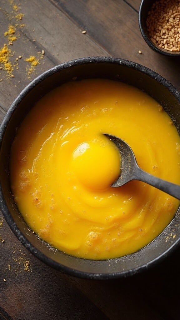 Overhead shot of a cooling stew with a bright yellow egg yolk being stirred in, next to barley powder under soft lighting