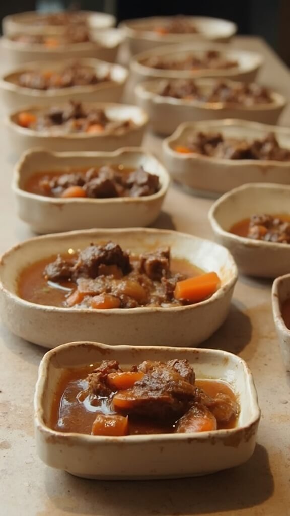 Small ceramic pet dishes filled with portioned beef and carrot stew for cats
