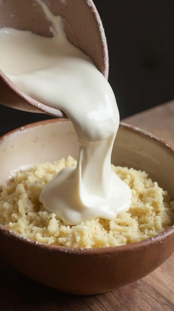 Mashed tuna being mixed with creamy Greek yogurt in a ceramic bowl under soft natural lighting