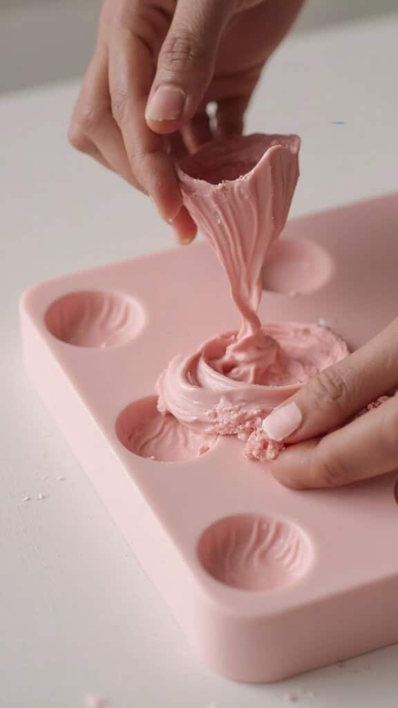 Close-up detail of smooth pink tuna mixture being filled into silicone molds in a modern kitchen