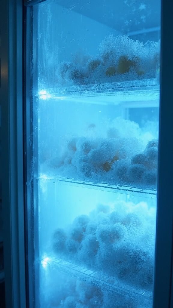 Filled molds with frost crystals forming on a organized freezer shelf under cool blue lighting