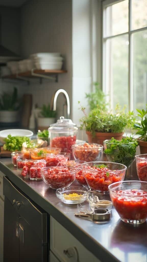 Raw ingredients including fresh meat on a shiny stainless steel counter, precisely measured in glass bowls, under natural morning light from the kitchen window.