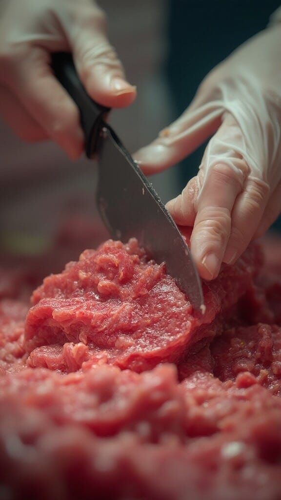 Close-up of professional-grade food processor blending lean meats to perfect consistency in a meat processing unit