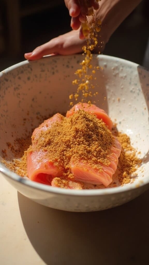 Hand mixing colorful powders and golden salmon oil into meat mixture in a marbled bowl under soft lighting.
