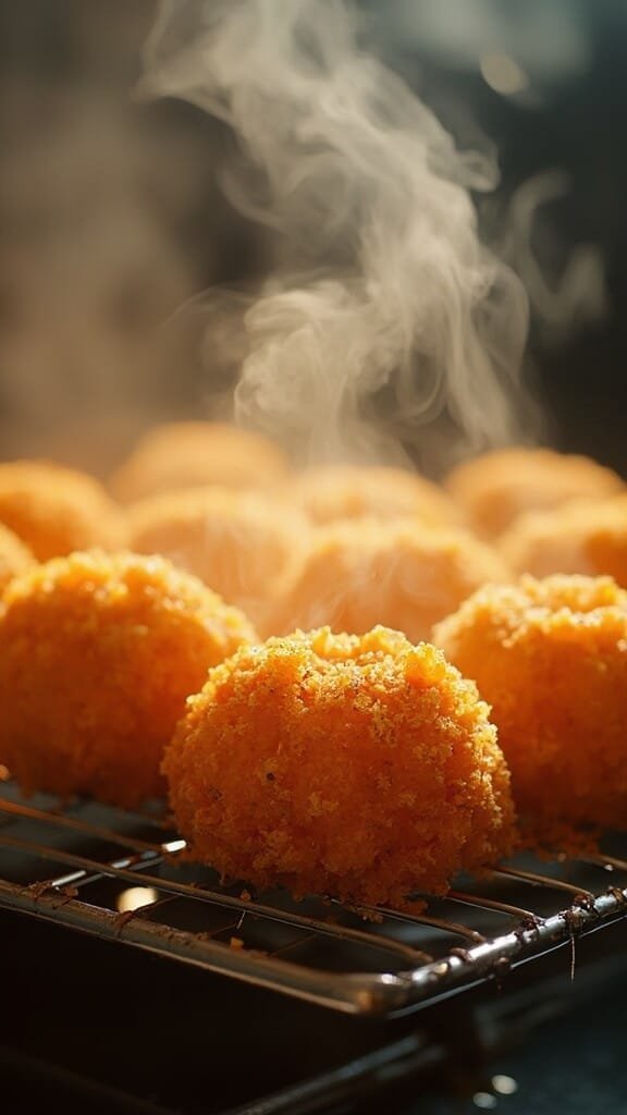 Golden brown kibble pieces cooling on a wire rack with steam rising, under professional kitchen lighting showing texture and color gradients