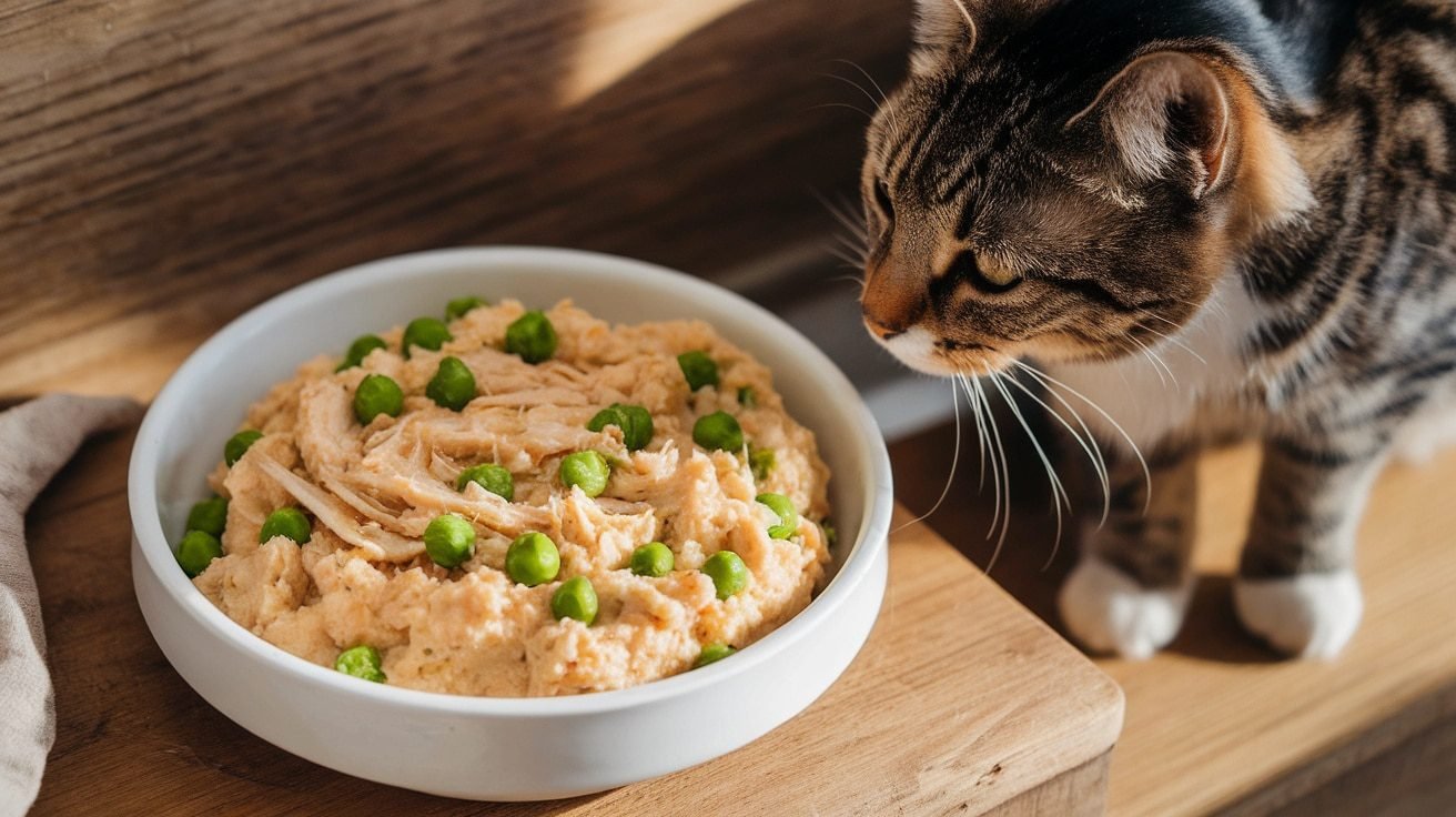 A bowl of Simple Chicken & Pea Mash for cats, featuring green peas and shredded chicken, with a curious cat nearby.