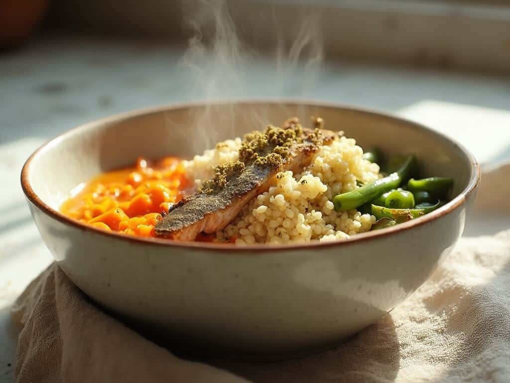 "Close-up of sardine and quinoa cat food in ceramic bowl, garnished with catnip on marble countertop"