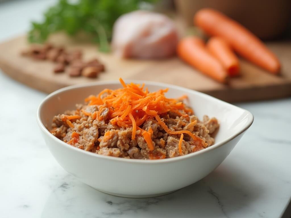 "Gourmet cat food power bowl with minced chicken, liver, and shredded carrots, served on a marble countertop."