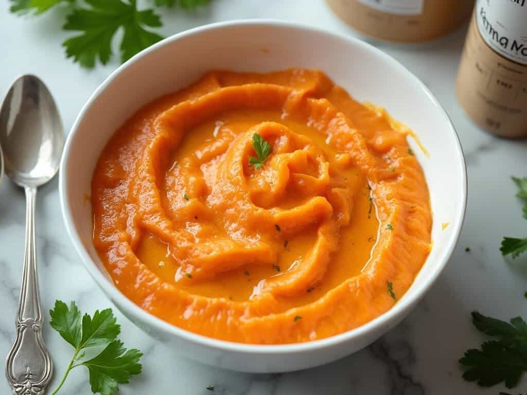 "Salmon and pumpkin cat food in white ceramic bowl, surrounded by fresh parsley, measuring spoons, and probiotic supplements on marble countertop"
