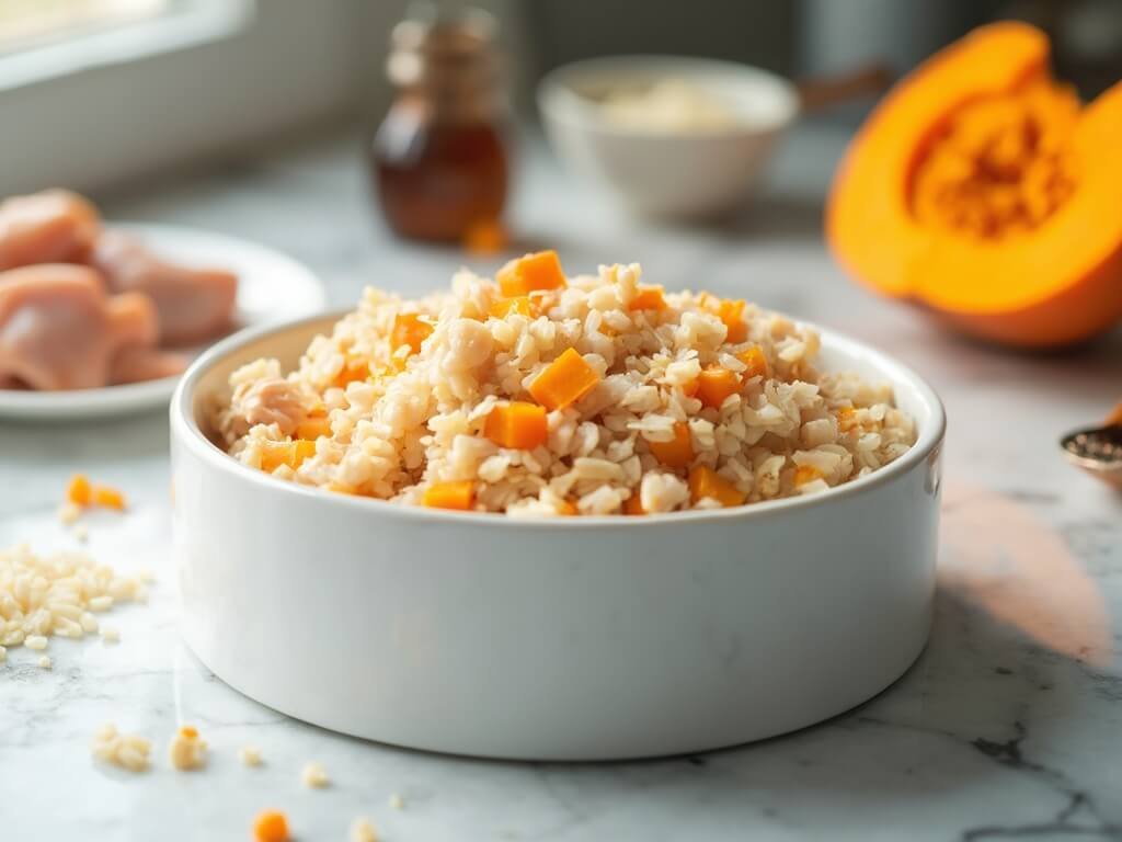 "Homemade cat food in white bowl with chicken, rice, and pumpkin puree, on marble counter with fresh ingredients and supplements"