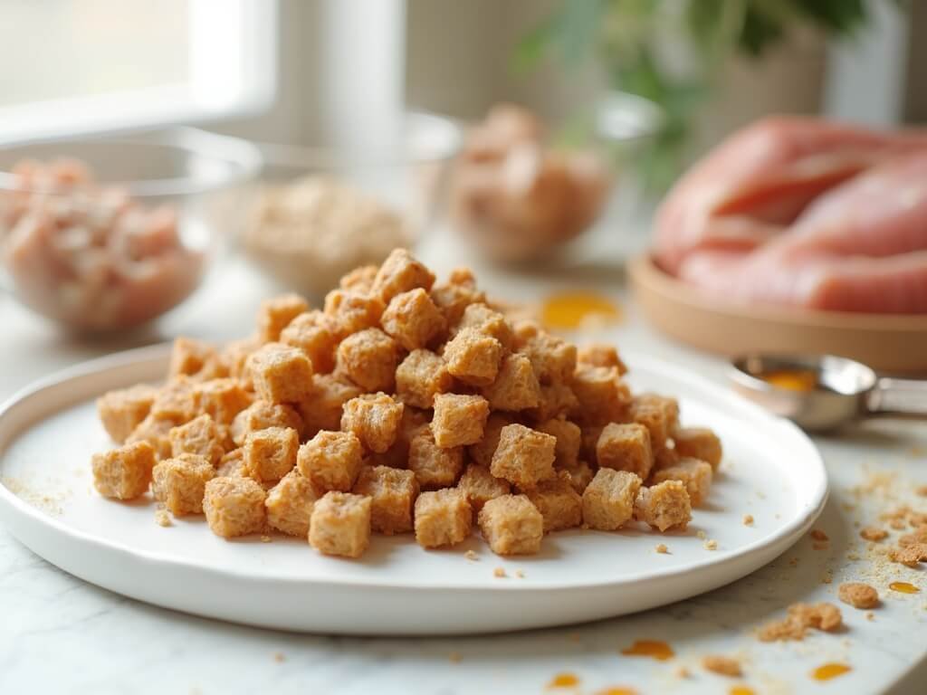 "Homemade cat kibble served on ceramic plate with fresh ingredients in background"