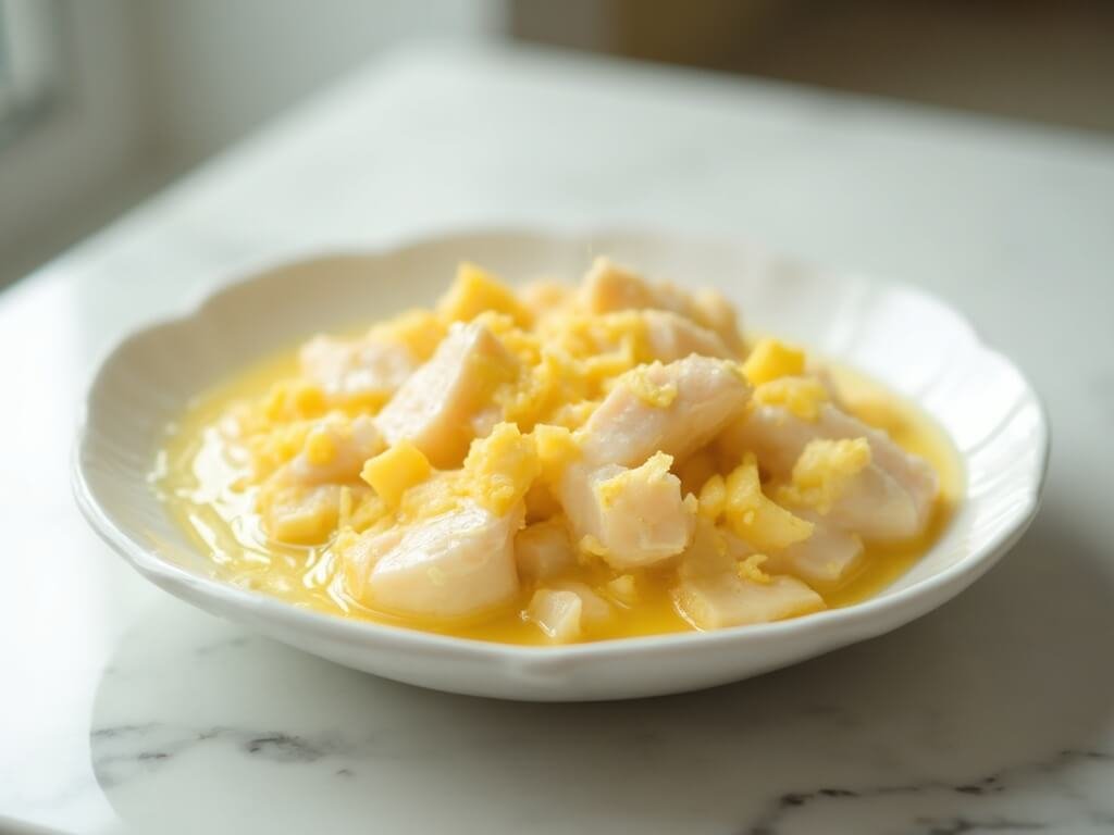 "Homemade cat meal of flaky white fish and egg yolk in a white ceramic dish"