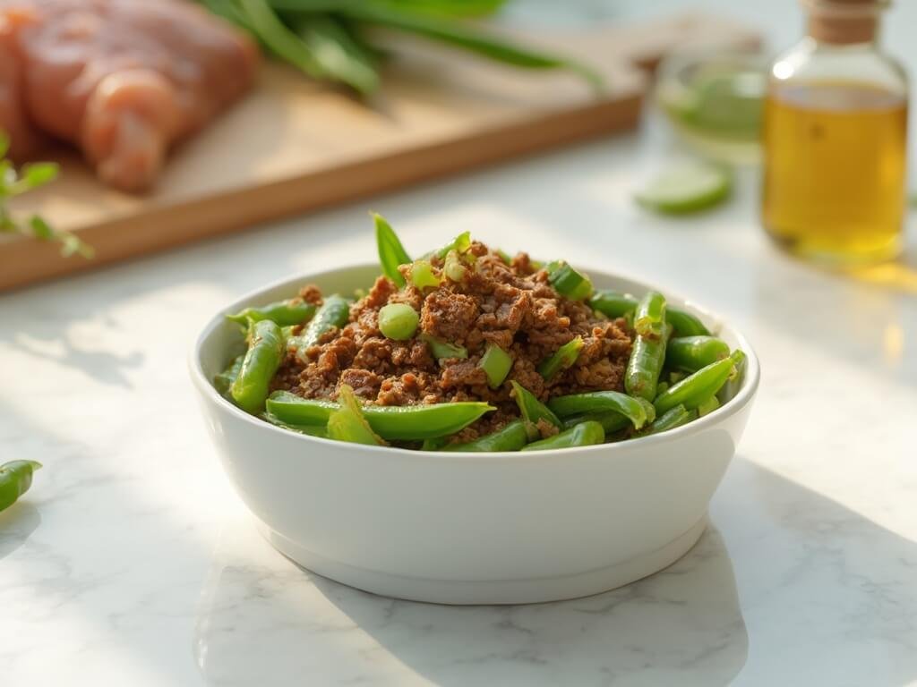 "Freshly prepared homemade cat meal of chicken liver and green beans with fish oil in a ceramic bowl on a marble countertop"