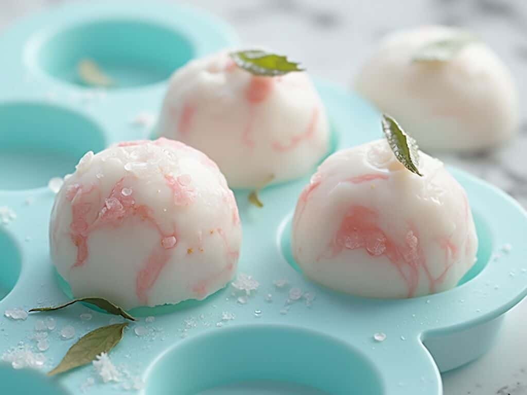"Closeup of frozen tuna and yogurt cat treats with catnip in a blue silicone mold on a marble countertop"