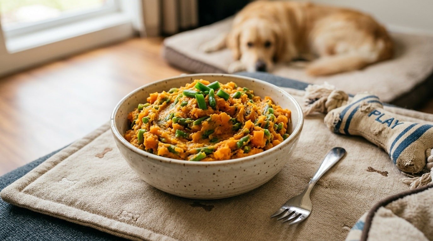 A bowl of sweet potato and green bean mash suitable for dogs, with orange sweet potatoes and green beans, on a pet mat with a toy.