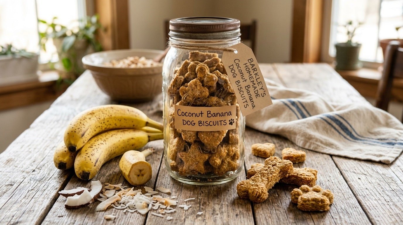 Homemade coconut banana dog biscuits in a jar on a wooden table with bananas and coconut.