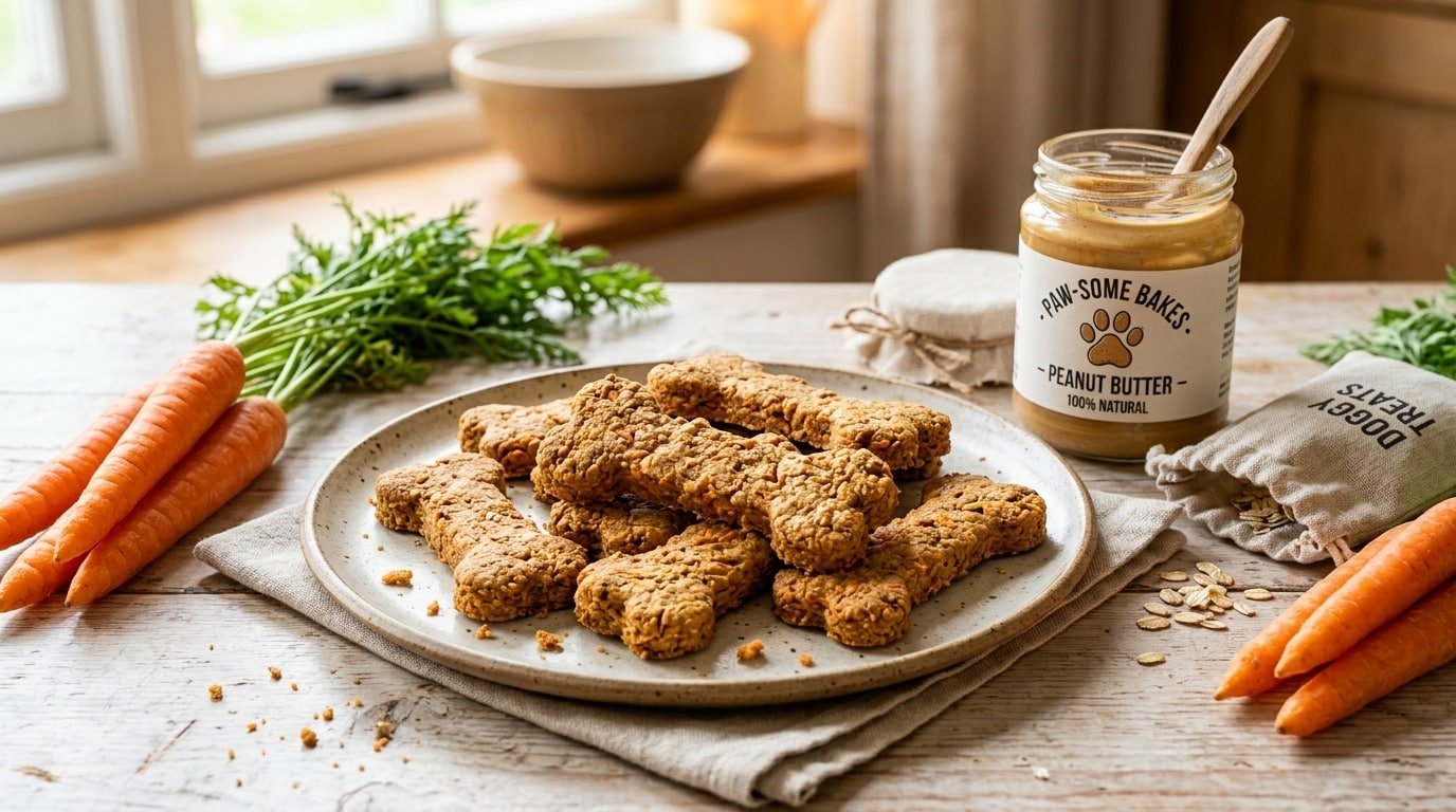 A plate of golden brown peanut butter and carrot dog biscuits shaped like bones, with fresh carrots and peanut butter in the background.