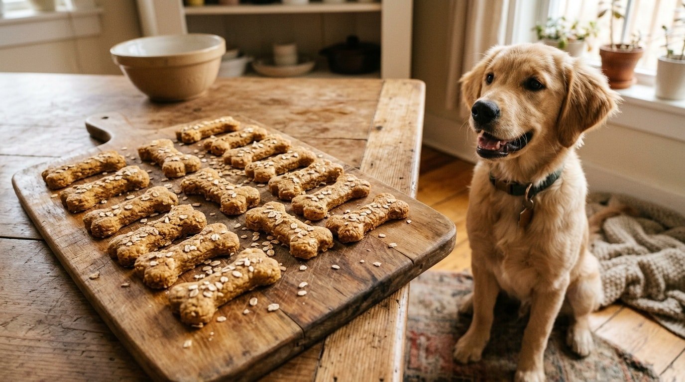 Baked peanut butter and banana dog biscuits in bone shapes on a wooden board with a dog eagerly waiting.