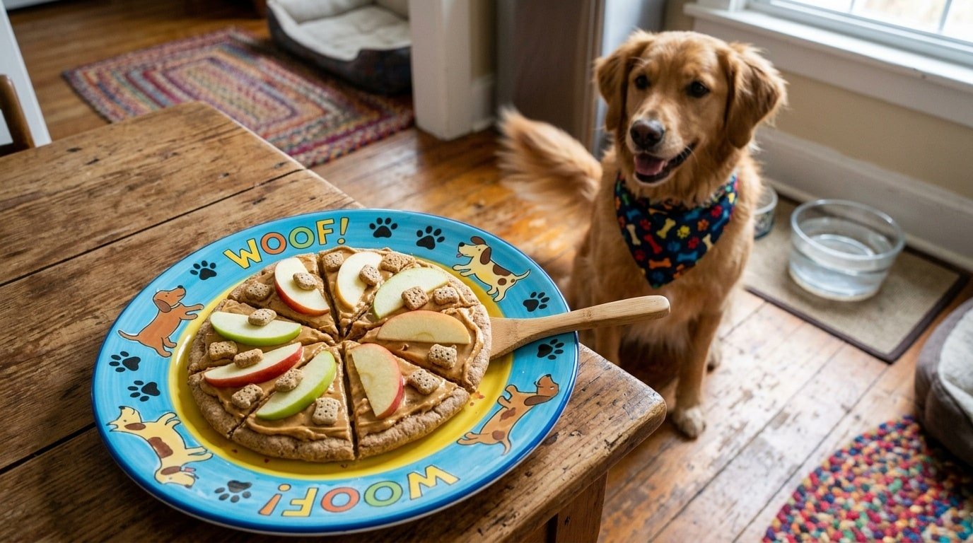 A delicious peanut butter apple dog pizza, cut into slices on a colorful plate, with a happy dog in the background.