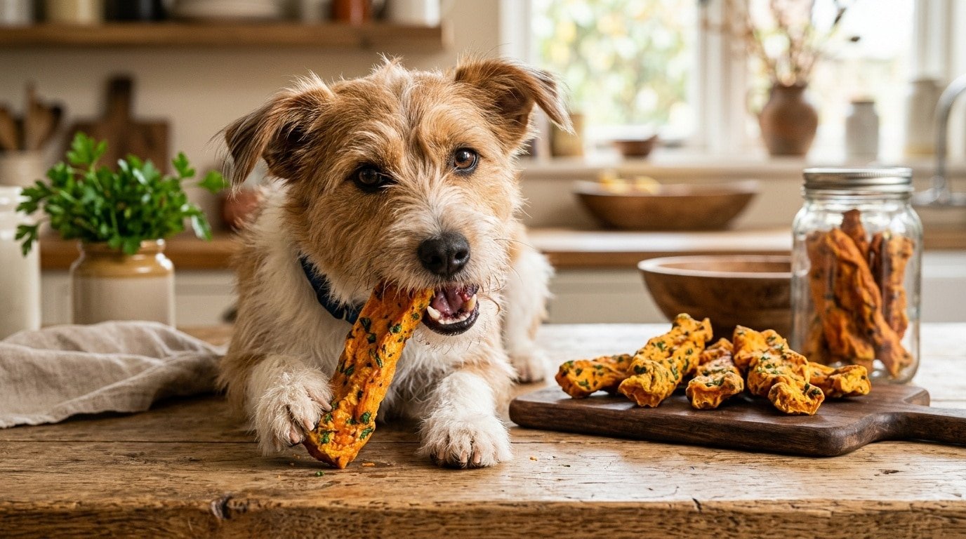 A dog enjoying a sweet potato parsley chew on a wooden table, with more chews around it.