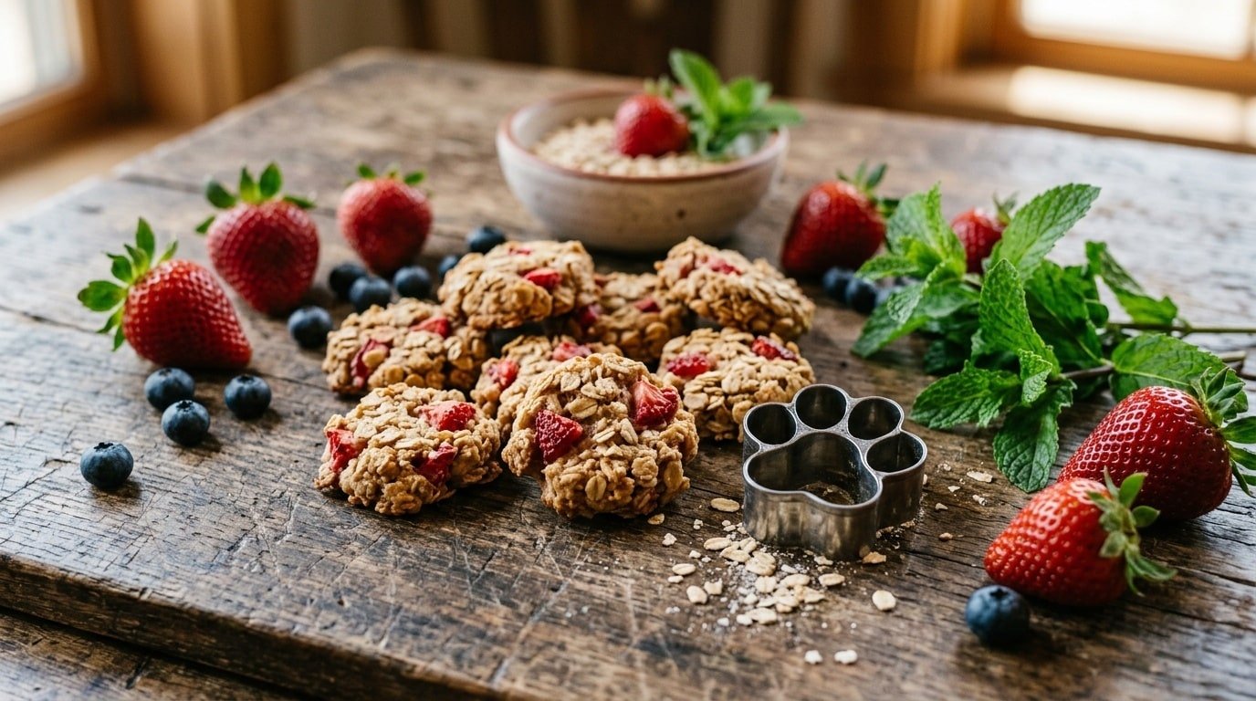 Homemade strawberry oat dog treats on a wooden table, garnished with fresh strawberries.