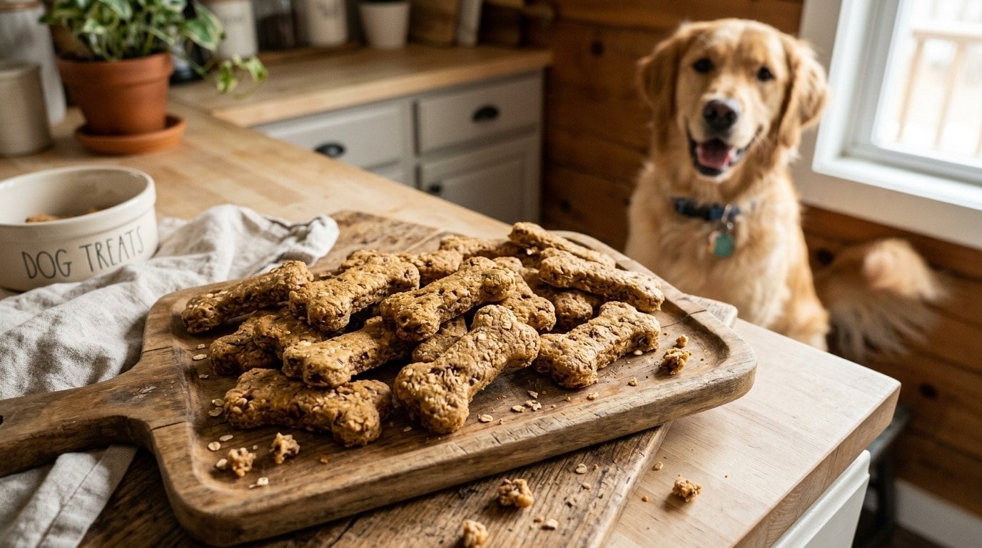 Homemade liver and rice dog treats shaped like bones on a wooden platter with a dog in the background.