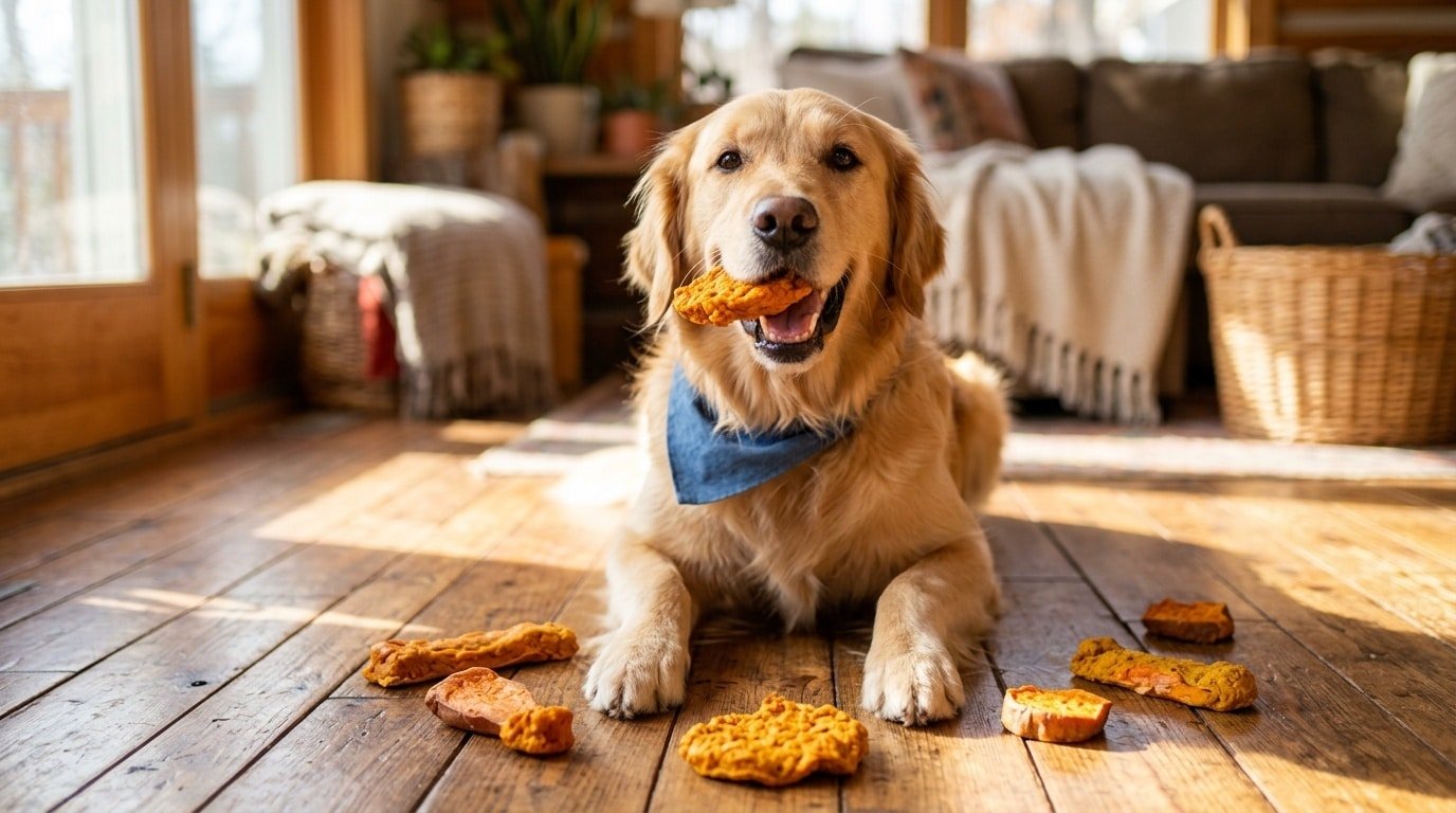 A happy dog with a pumpkin and sweet potato chew, showcasing homemade dog treats on a wooden background.