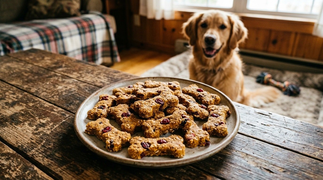 Homemade sweet potato cranberry dog chews shaped like bones, surrounded by dried cranberries, with a happy dog in the background.