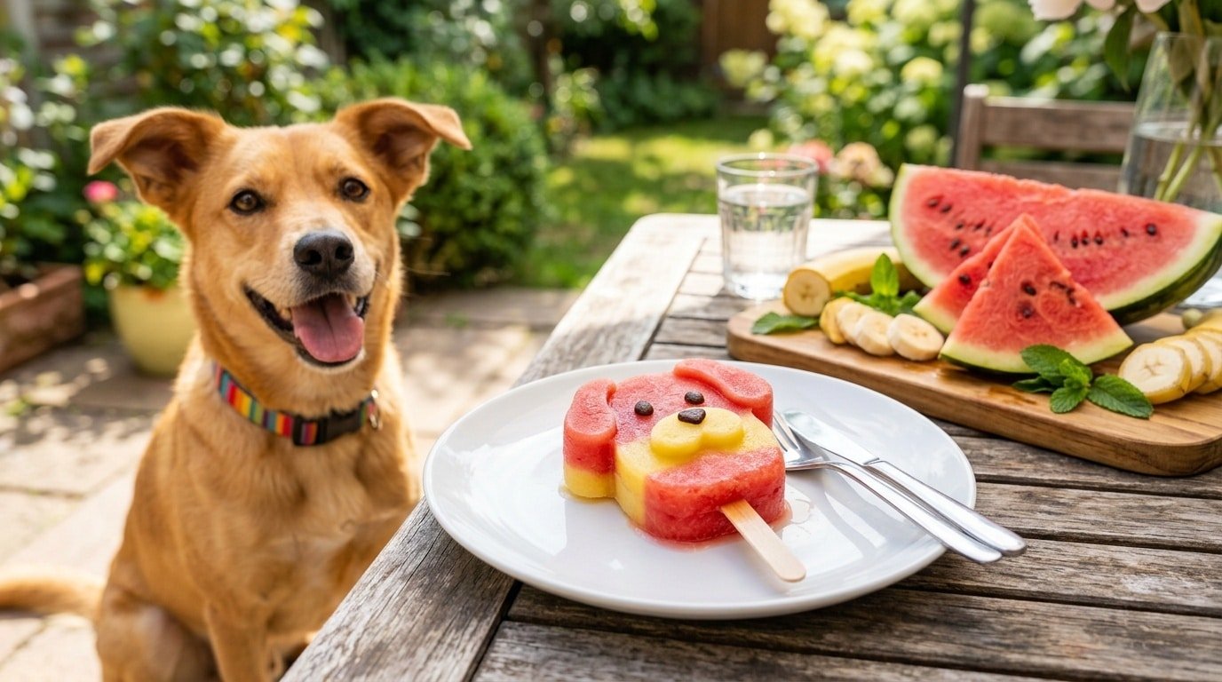 Watermelon and banana popsicle in dog shape on an outdoor table with a happy dog.