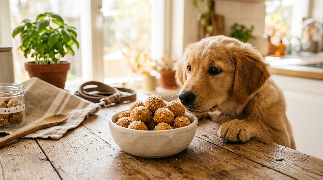 A curious dog looking at homemade yogurt carrot balls for dogs on a wooden surface.