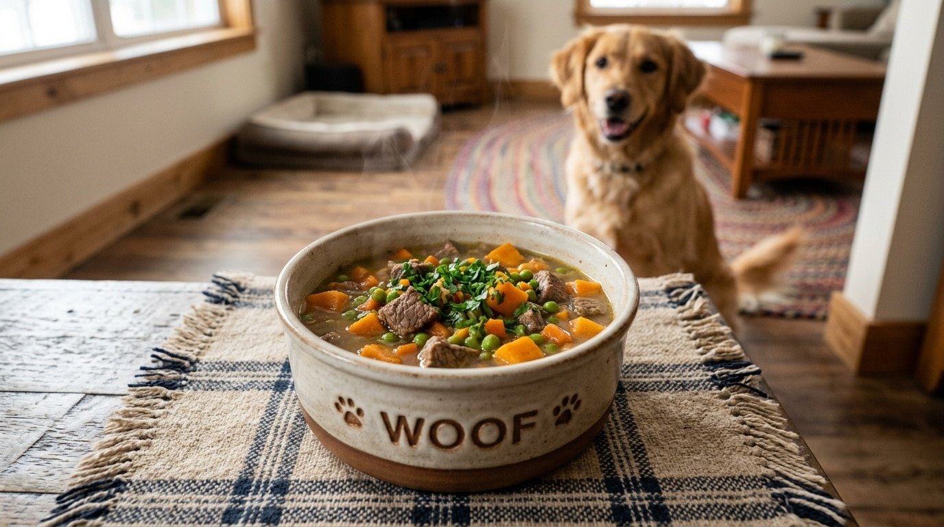 A hearty bowl of beef and sweet potato soup for dogs, featuring sweet potatoes and peas, on a dog mat with a dog waiting excitedly.