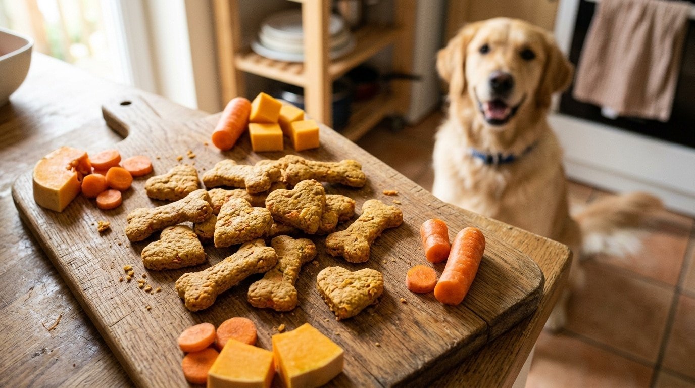 Homemade crunchy carrot and squash crisps for dogs shaped like bones and hearts on a wooden board.