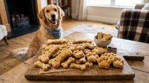 Freshly baked cheesy chicken dog treats on a wooden board with a happy dog in the background.