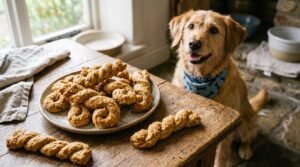 Homemade peanut butter banana twist dog treats displayed on a wooden table with a curious dog in the background.