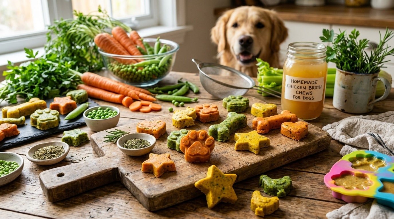 Homemade chicken broth chews shaped in molds, surrounded by carrots and peas on a wooden table.