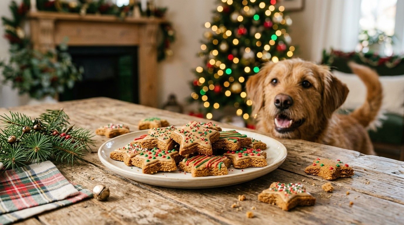 A plate of star-shaped peanut butter dog treats with a dog peeking in the background, set on a wooden table with holiday decorations.