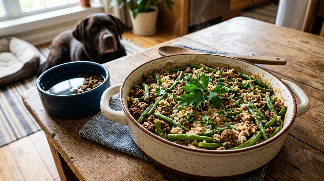A delicious homemade casserole for dogs with beef, rice, and green beans on a rustic wooden table.