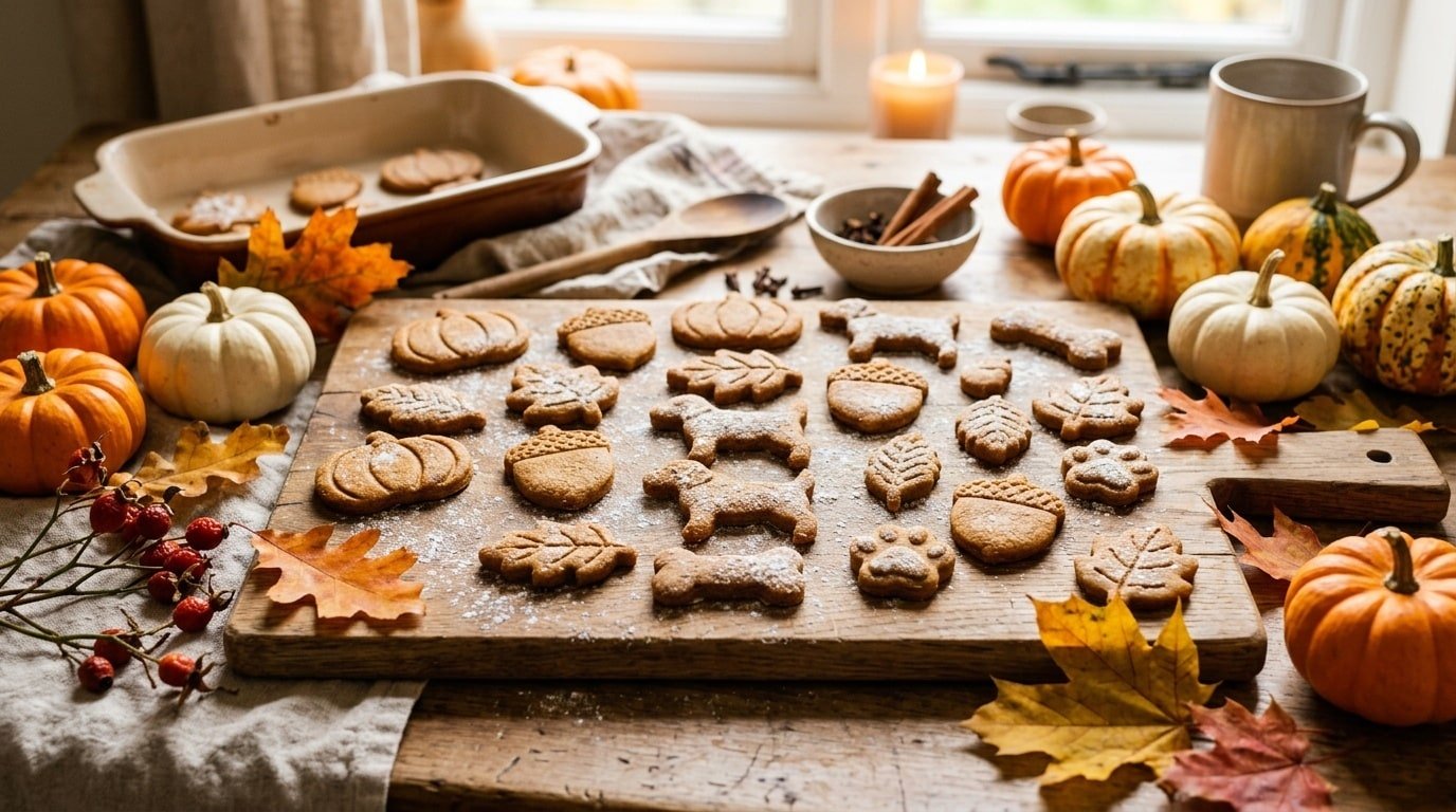 A variety of gingerbread pumpkin dog biscuits shaped like bones and pumpkins on a wooden board, accented with seasonal decorations.