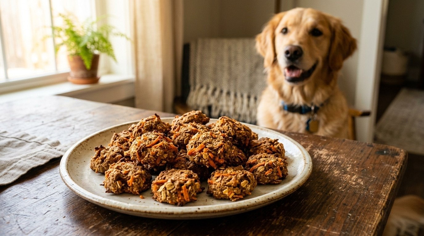 Homemade turkey and carrot chews for dogs on a wooden plate, with a dog waiting for treats in the background.