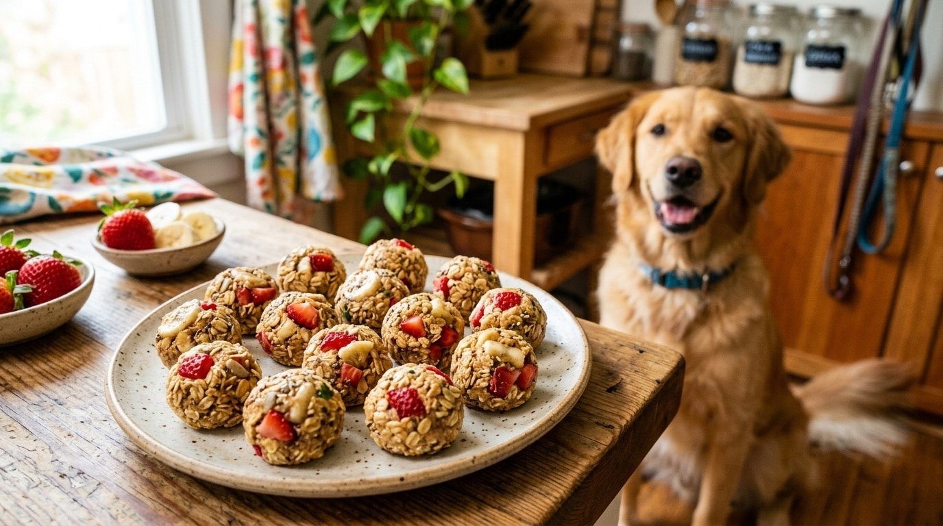 Dog-friendly strawberry and banana oat balls on a plate with a dog eagerly awaiting a treat.